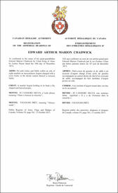 Lettres patentes enregistrant les emblèmes héraldiques d'Edward Arthur Marion Chadwick