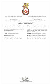 Lettres patentes enregistrant les emblèmes héraldiques de Garnet Peter Grant Lettres patentes enregistrant les emblèmes héraldiques de Garnet Peter Grant