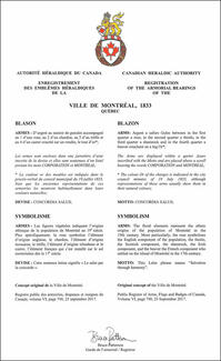 Lettres patentes enregistrant les armoiries de la Ville de Montréal (1833)