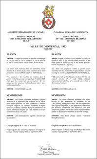 Lettres patentes enregistrant les armoiries de la Ville de Montréal (1833)