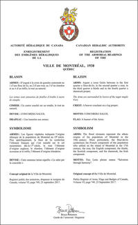 Lettres patentes enregistrant les armoiries de la Ville de Montréal (1938)