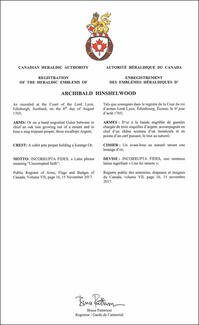 Lettres patentes enregistrant les emblèmes héraldiques d'Archibald Hinshelwood Lettres patentes enregistrant les emblèmes héraldiques d'Archibald Hinshelwood