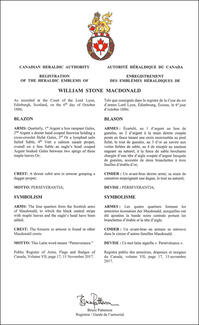 Lettres patentes enregistrant les emblèmes héraldiques de William Stone Macdonald Lettres patentes enregistrant les emblèmes héraldiques de William Stone Macdonald