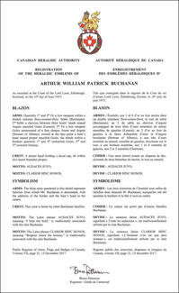 Lettres patentes enregistrant les emblèmes héraldiques d'Arthur William Patrick Buchanan Lettres patentes enregistrant les emblèmes héraldiques d'Arthur William Patrick Buchanan