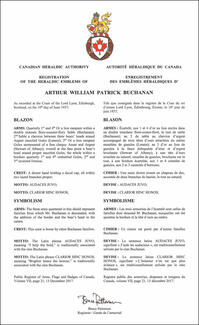 Lettres patentes enregistrant les emblèmes héraldiques d'Arthur William Patrick Buchanan Lettres patentes enregistrant les emblèmes héraldiques d'Arthur William Patrick Buchanan