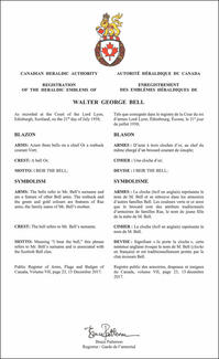 Letters Patent registering the Heraldic Emblems of Walter George Bell