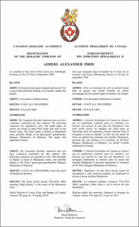 Lettres patentes enregistrant les armoiries d'Aimers Alexander Pirie Lettres patentes enregistrant les armoiries d'Aimers Alexander Pirie