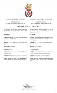 Lettres patentes enregistrant les emblèmes héraldiques de William Harvey McNairn Lettres patentes enregistrant les emblèmes héraldiques de William Harvey McNairn