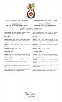 Armoiries de John Patrick Sweeney Armoiries de John Patrick Sweeney