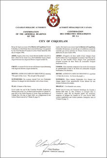 Lettres patentes confirmant les emblèmes héraldique de la City of Coquitlam