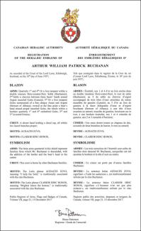 Letters Patent registering the Heraldic Emblems of Arthur William Patrick Buchanan