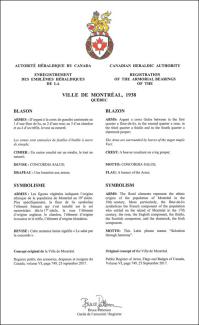 Letters Patent registering the Arms of the Ville de Montréal (1938)