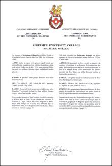 Letters Patent confirming the Armorial Bearing of Redeemer University College