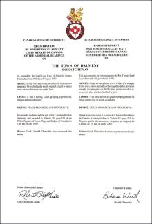 Letters Patent registering the Arms of The Town of Dalmeny