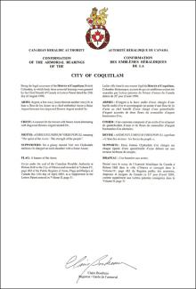 Letters Patent confirming the Armorial bearings of the City of Coquitlam