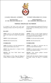 Letters Patent registering the Heraldic Emblems of Thomas Reginald Davidson
