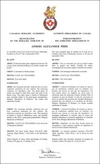Letters Patent registering the Arms of Aimers Alexander Pirie