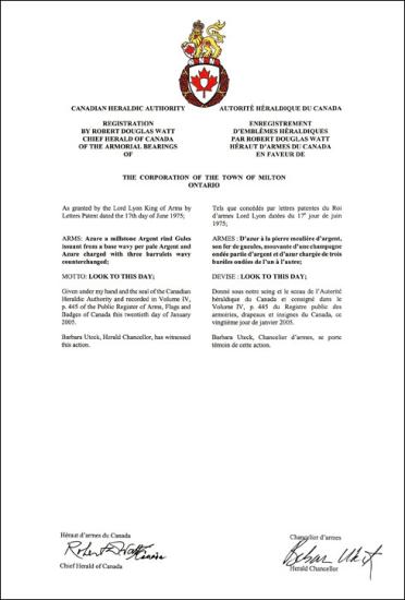 Lettres patentes enregistrant les armoiries de The Corporation of the Town of Milton