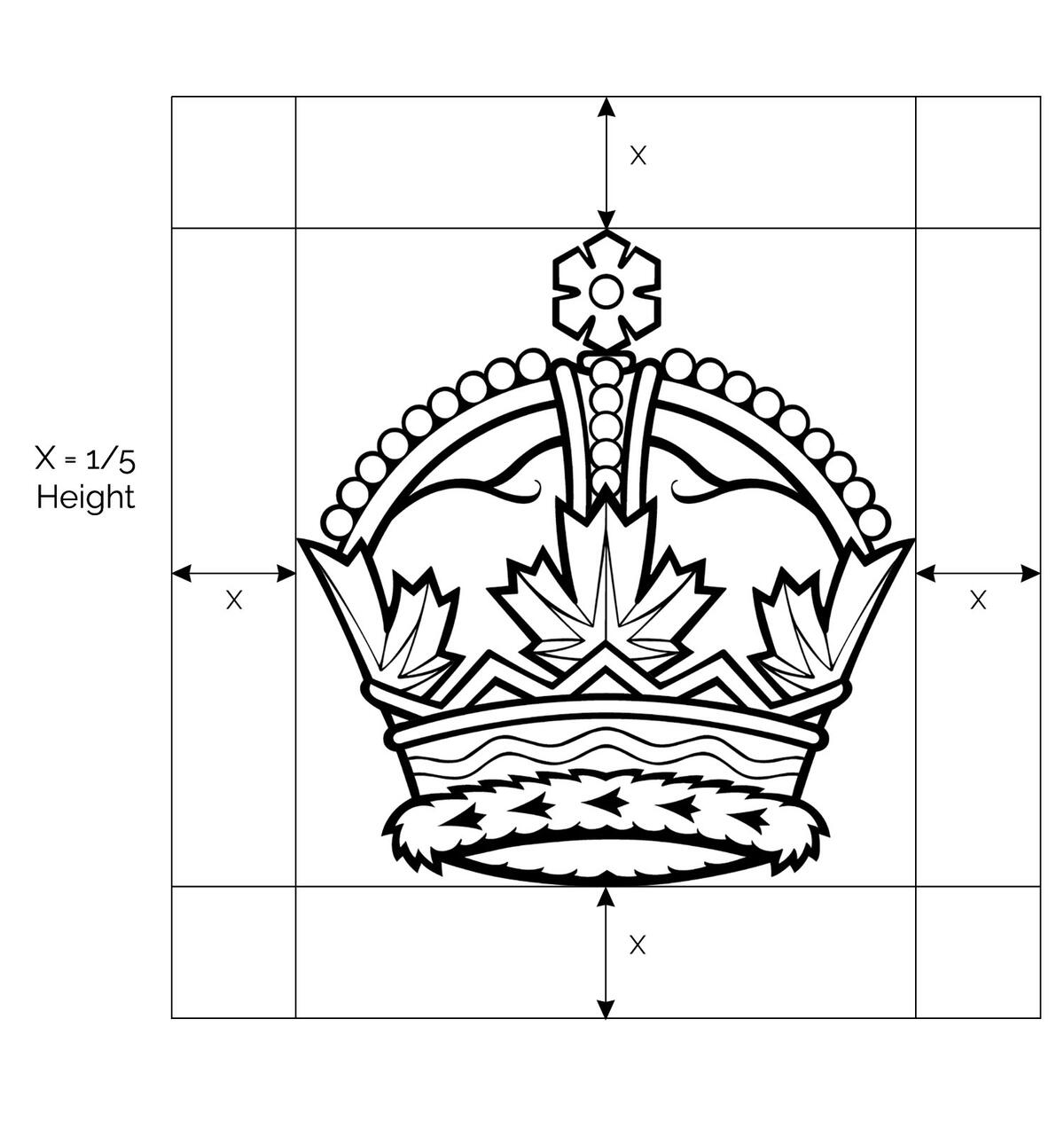 Outline of the Royal Crown boxed in between even margins. There are Xs in the margins. The margins form a square frame. Notes on the side indicate, “X = 1/5 Height.”