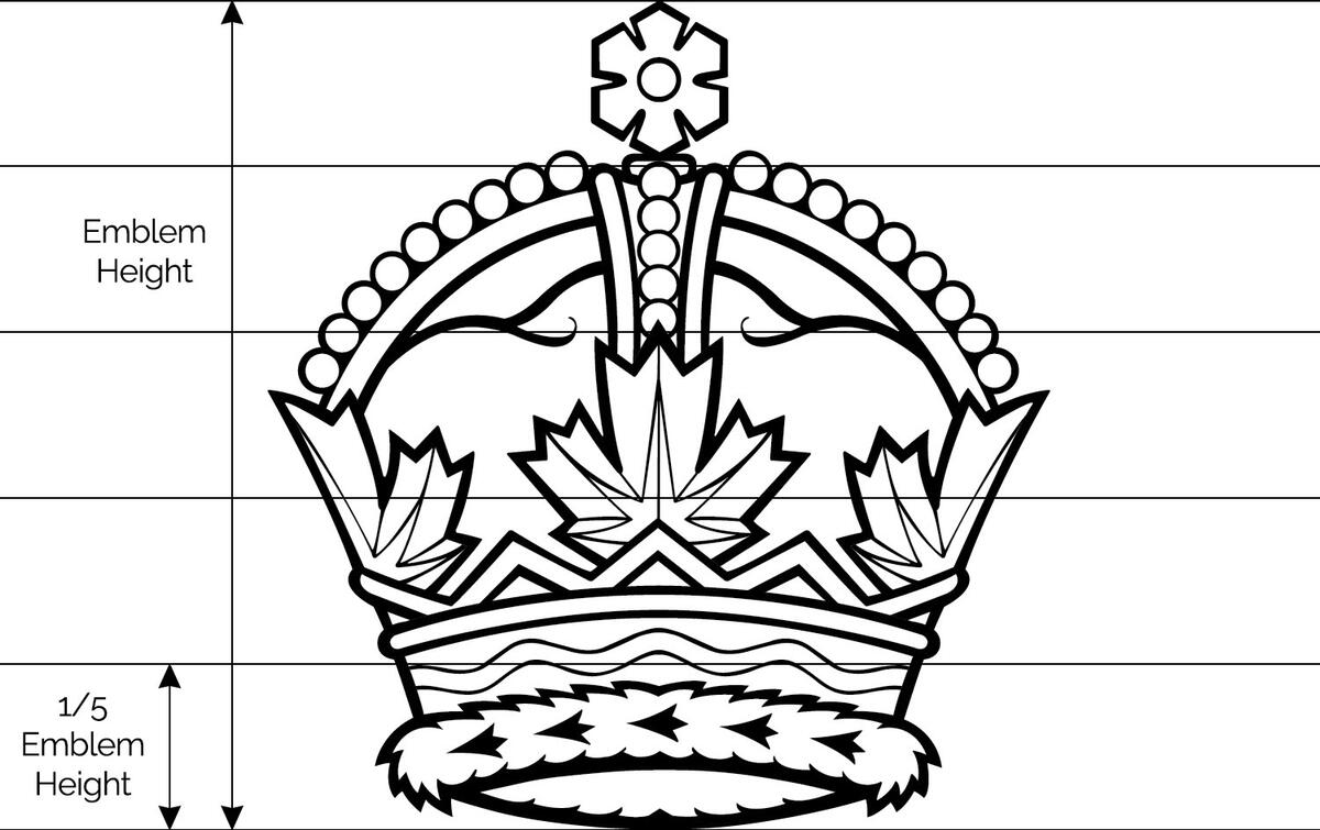 Outline of the Royal Crown on a lined background. Notes on the side indicate, “Emblem Height” and “1/5 Emblem Height.”