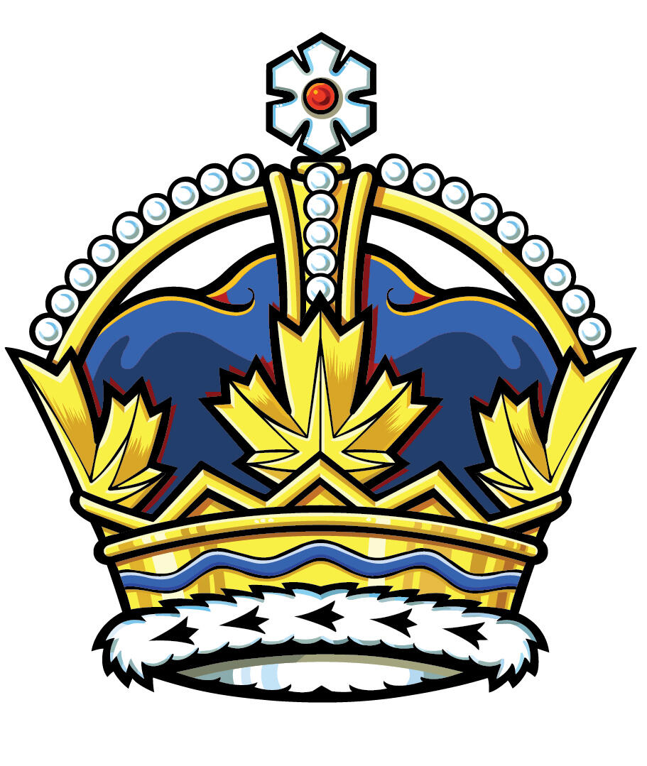A crown with a fur trim; gold stylized maple leaves; a blue cap altered from original red; gold arches with pearls bridging to a snowflake at the top.