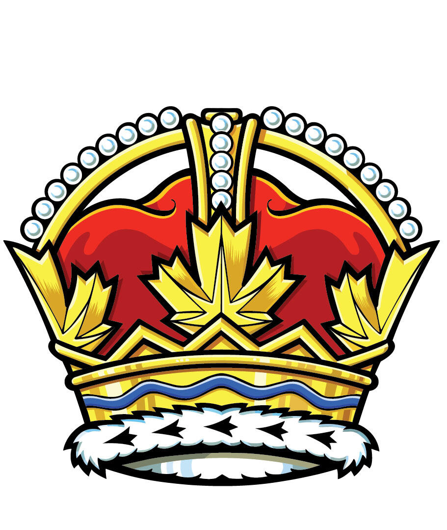 A crown with a fur trim; gold stylized maple leaves; a red cap and gold arches with pearls; missing its snowflake at the top.