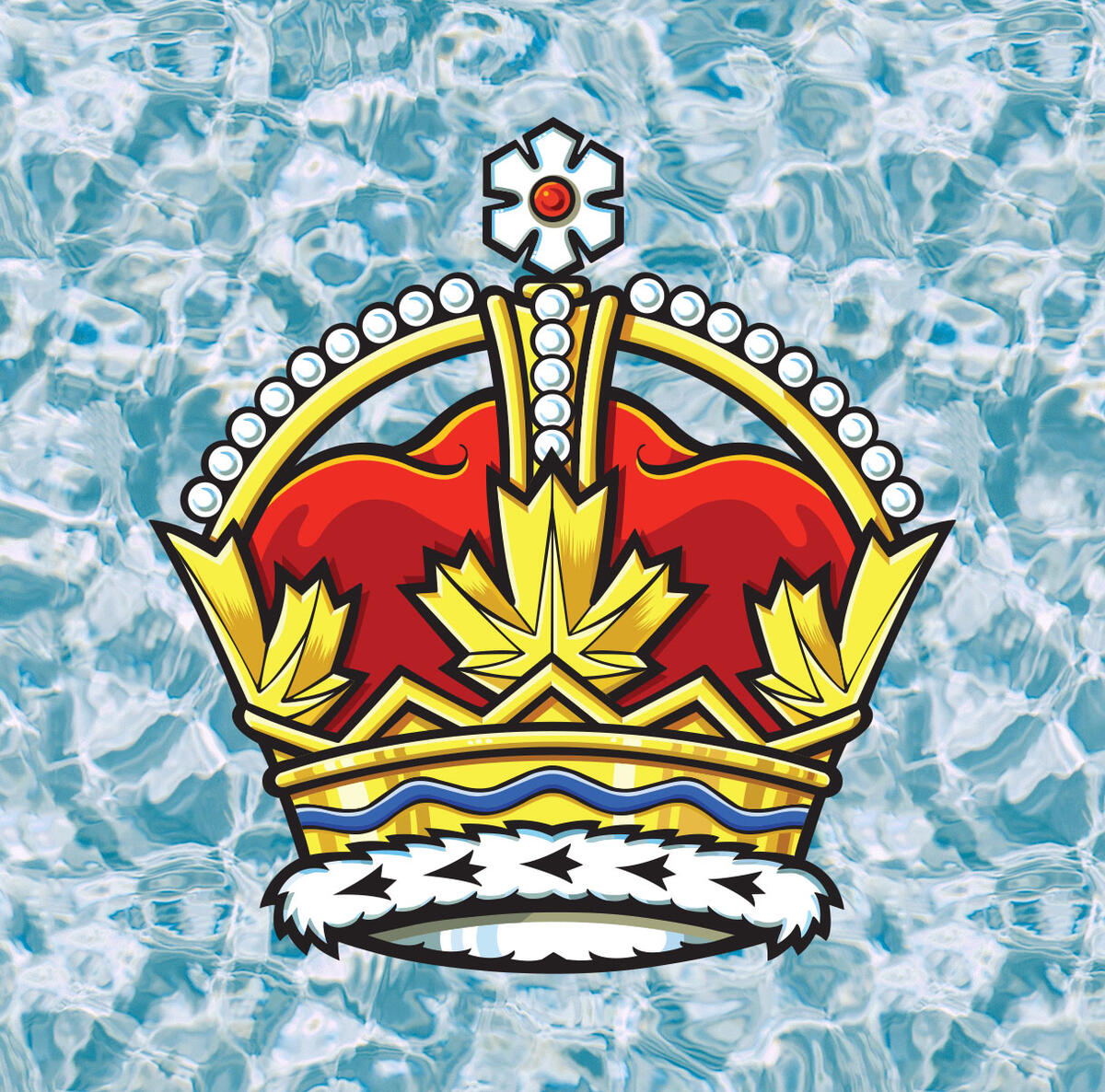 A crown with a fur trim set on a patterned background; gold stylized maple leaves; a red cap and gold arches with pearls bridging to a snowflake at the top.