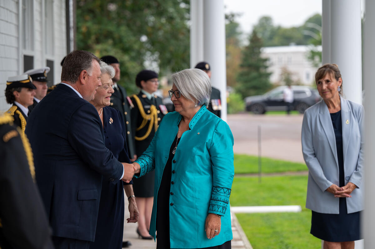 Governor General Mary Simon shakes hands with with the Honourable Dennis King, Premier of Prince Edward Island.