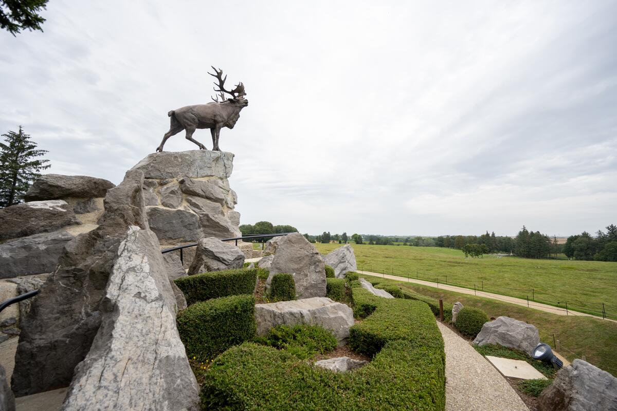 A bronze caribou statue stands atop a rocky formation surrounded by trimmed bushes. 