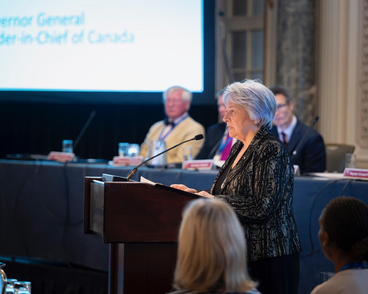 Governor General Mary Simon delivering a speech at the Royal Commonwealth ex-Services League -Official Opening of the 35th Conference.