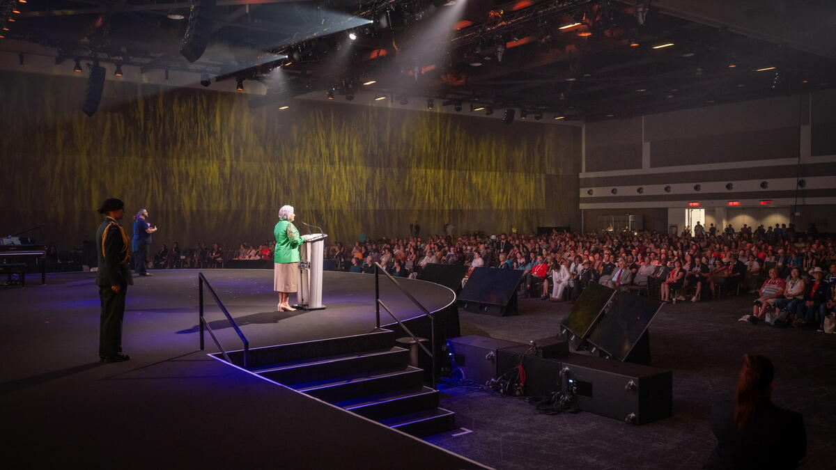 Governor General Mary Simon delivering a speech at the WAVES 2025: Global Indigenous Languages Summit.