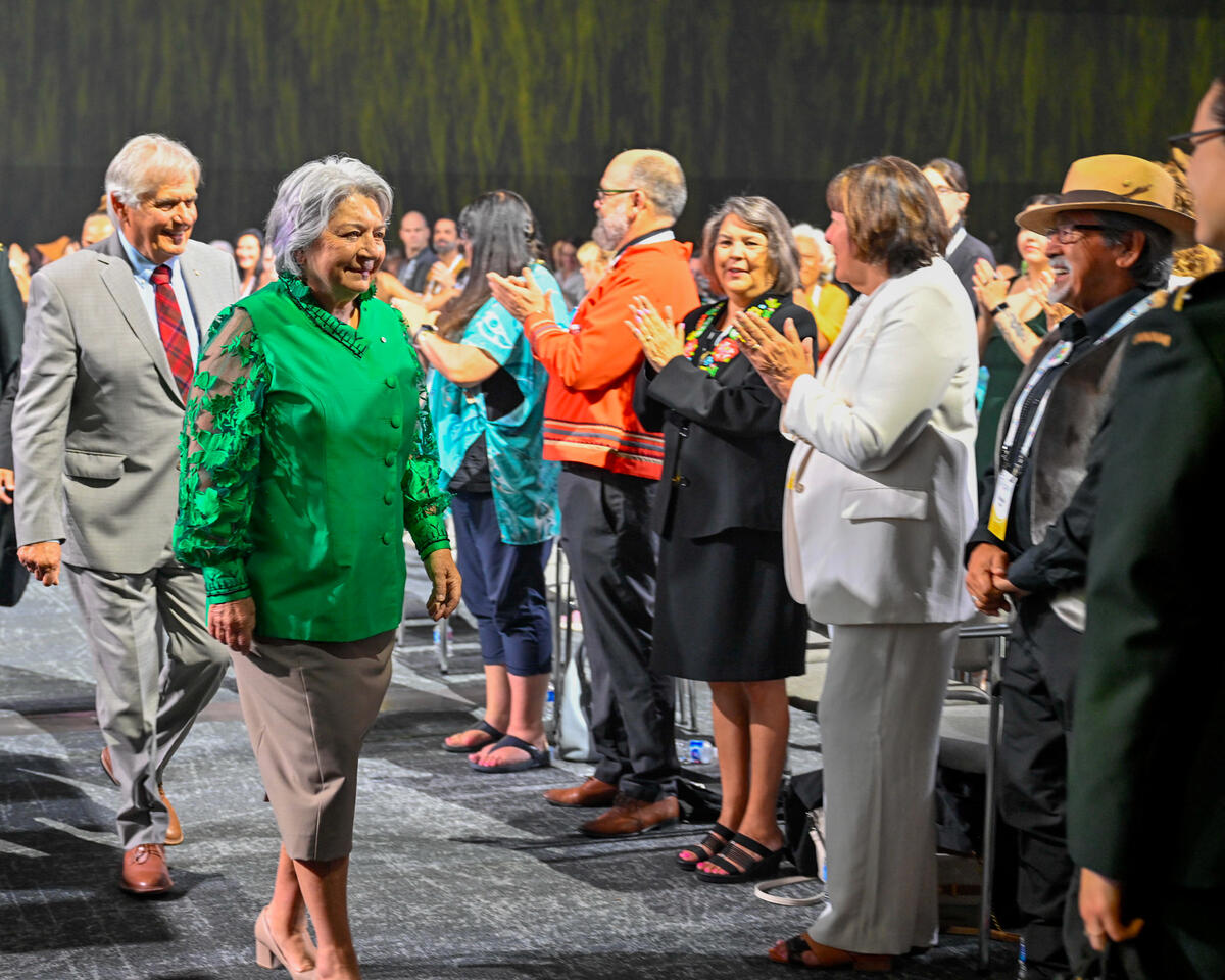 Governor General Mary Simon and Mr. Whit Fraser at the WAVES 2025: Global Indigenous Languages Summit.