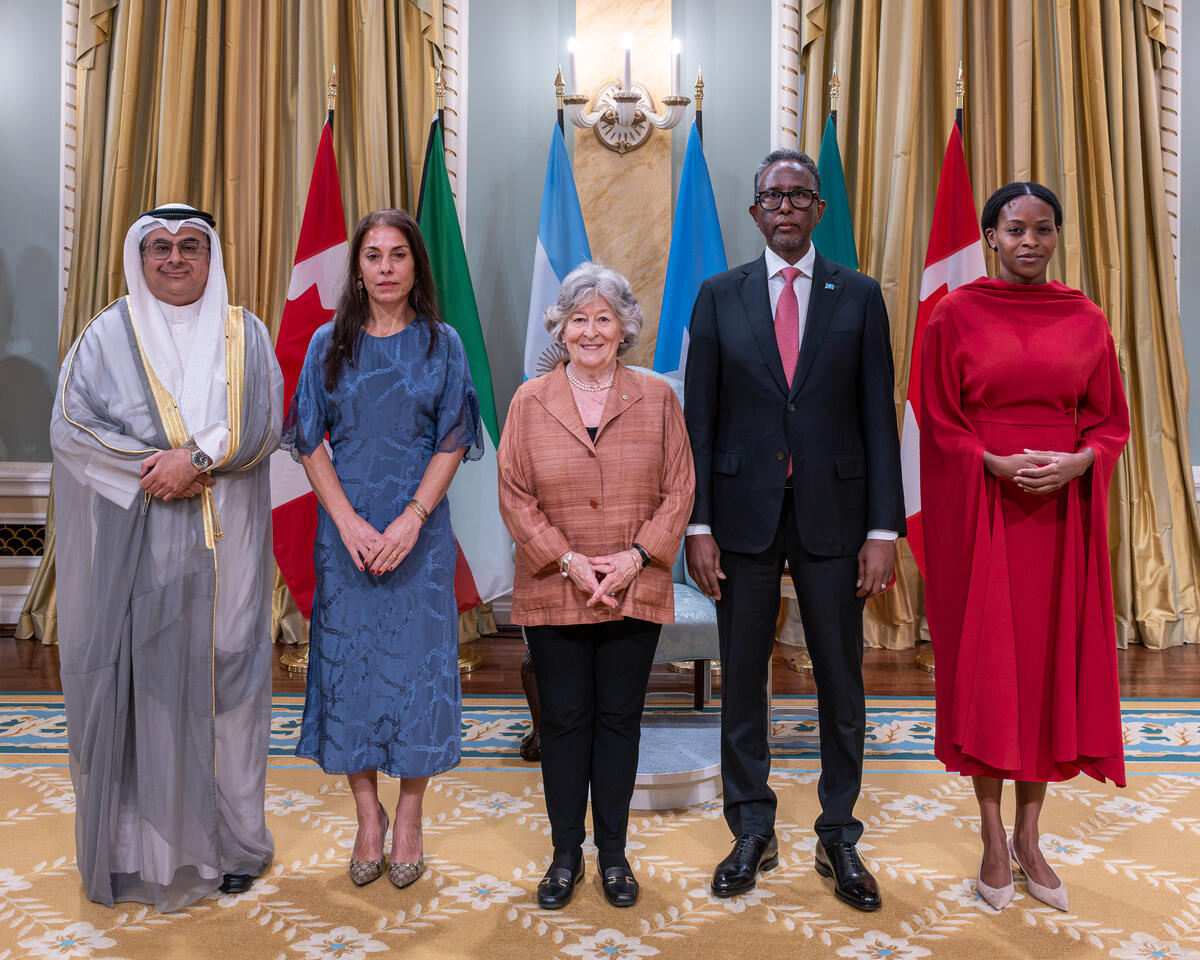 Governor General Arbour standing with new ambassadors for Kuwait, Argentina, Somalia and Benin.