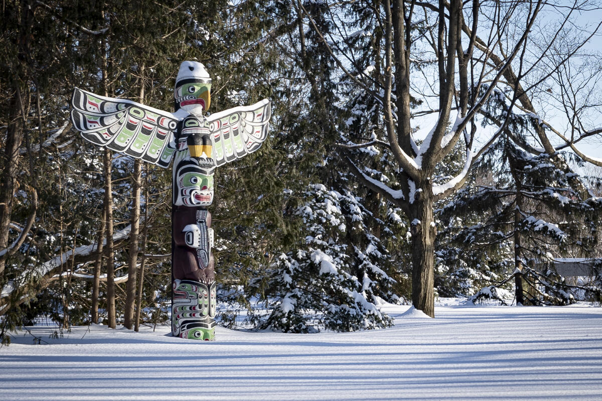 A colourful totem pole stands in a snowy forest, its intricate carvings vibrant against the winter backdrop. Sunlight casts long shadows, creating a serene, peaceful scene.