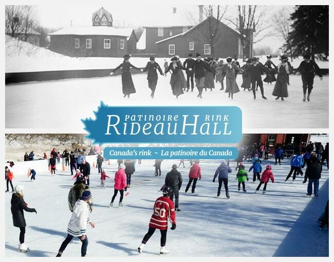 Deux photos superposées verticalement. La photo du haut est en noir et blanc. La photo du bas est en couleur. Les deux montrent des personnes patinant sur une patinoire extérieure. Un texte superposé indique « Patinoire Rideau Hall Rink, Canada's Rink - La patinoire du Canada ».