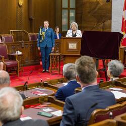 Governor General Marie Simon delivers her remarks at the podium in the Senate Chamber.