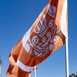 National Day for Truth and Reconcilation orange flag flying near Parliament Hill.