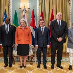 Governor General Mary Simon stands with the new Heads of Mission