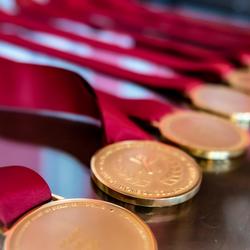 Gold medals with red ribbons are aligned on a table.