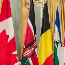 National flags of Kenya, Belgium and Lesotho are lined up in a row between two Canadian flags.