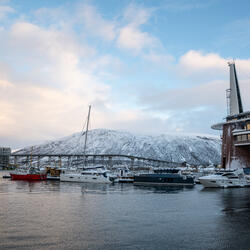 Several boats and yachts are docked in a harbour with modern buildings and a snowy mountain in the background under a partly cloudy sky.