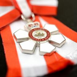 Affichage de l'insigne de l'Ordre du Canada. L’insigne a la forme d’un flocon de neige à six pointes et arbore en son centre une feuille d’érable entourée d’un anneau rouge.