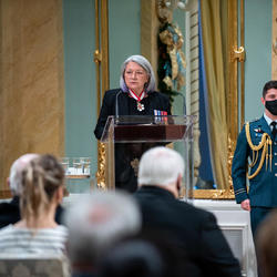 Governor General Mary Simon stands at a podium addressing the audience.