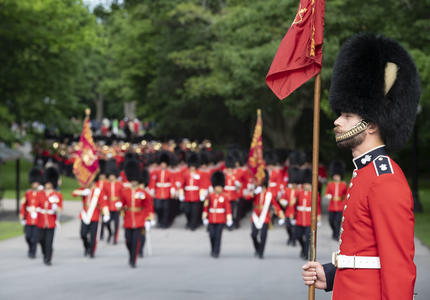 A guard stands at attention as the rest of the Ceremonial Guard make their way up the path towards Rideau Hall.