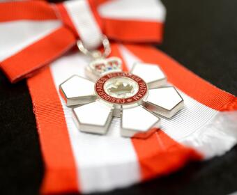 Affichage de l'insigne de l'Ordre du Canada. L’insigne a la forme d’un flocon de neige à six pointes et arbore en son centre une feuille d’érable entourée d’un anneau rouge.