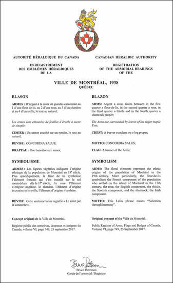 Letters Patent registering the Arms of the Ville de Montréal (1938)