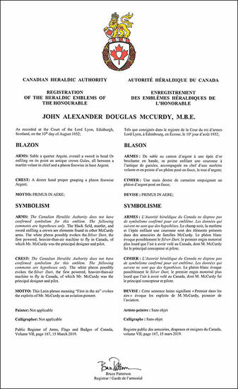 Arms of John Alexander Douglas McCurdy