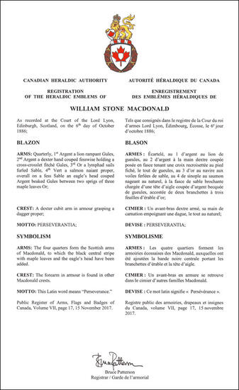 Lettres patentes enregistrant les emblèmes héraldiques de William Stone Macdonald