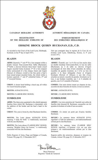 Lettres patentes enregistrant les emblèmes héraldiques d'Erskine Brock Quirin Buchanan