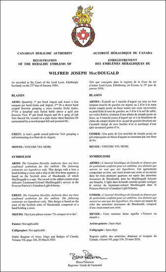 Armoiries de Wilfred Joseph MacDougald